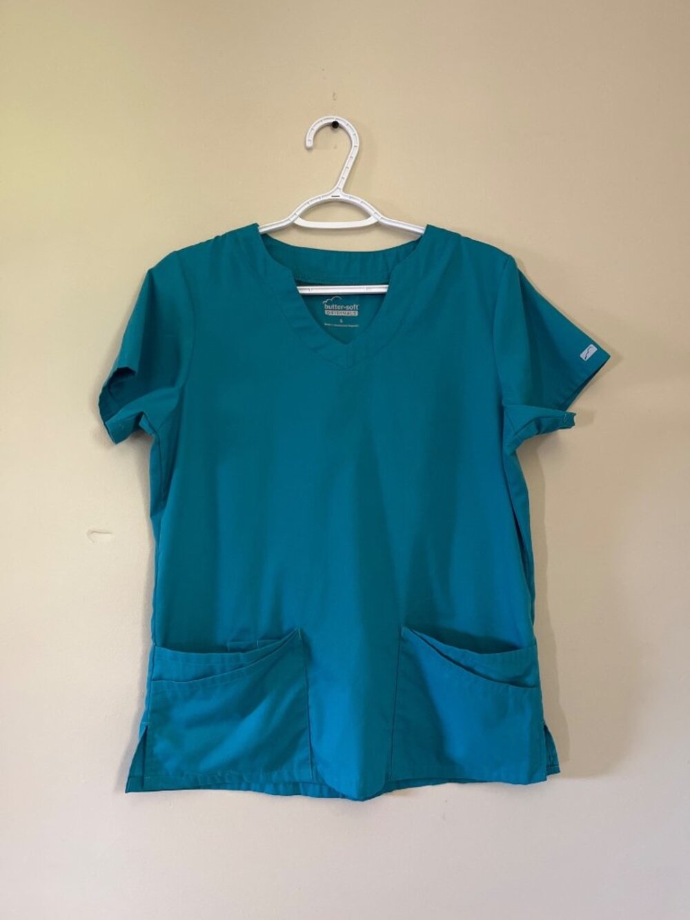 Butter-Soft Womens Small Teal Stretch Medical Scrub Short Sleeve Top V-neck